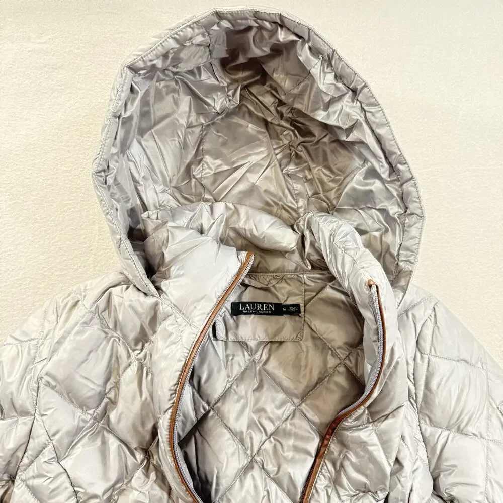 Lauren Ralph Lauren Womens Medium Quilted Puffer Jacket Gray Faux Leather Trim - Picture 9 of 14